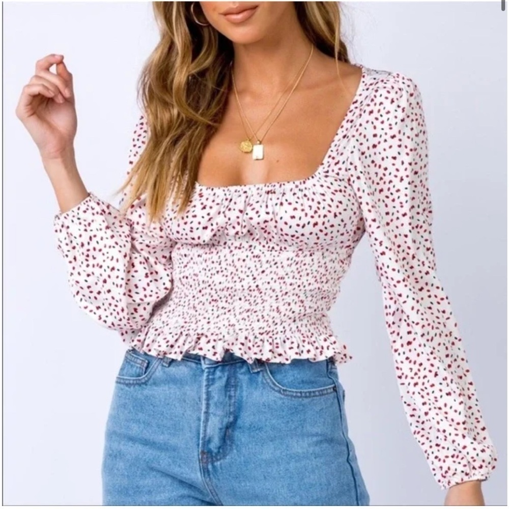 Princess Polly Ariah Puff Sleeve Crop Top Red Dot Print Size 4